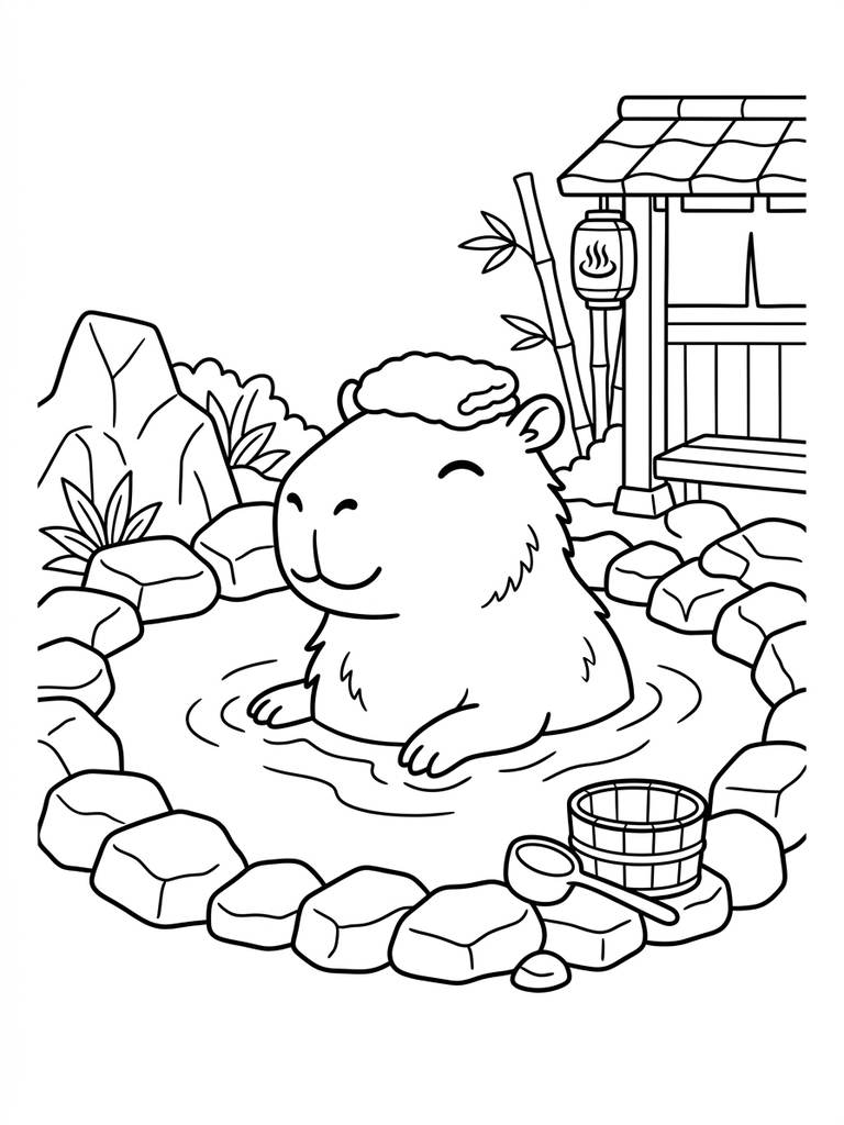 Capybara Relaxing In Hot Springs / Onsen Scene Coloring Page