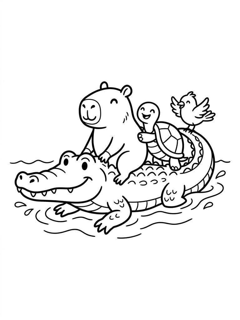 Capybara Riding Alligator / With Friends Coloring Page