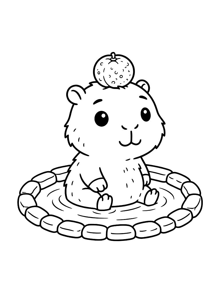 Capybara Soaking In A Hot Spring With A Yuzu Fruit On Its Head Coloring Page