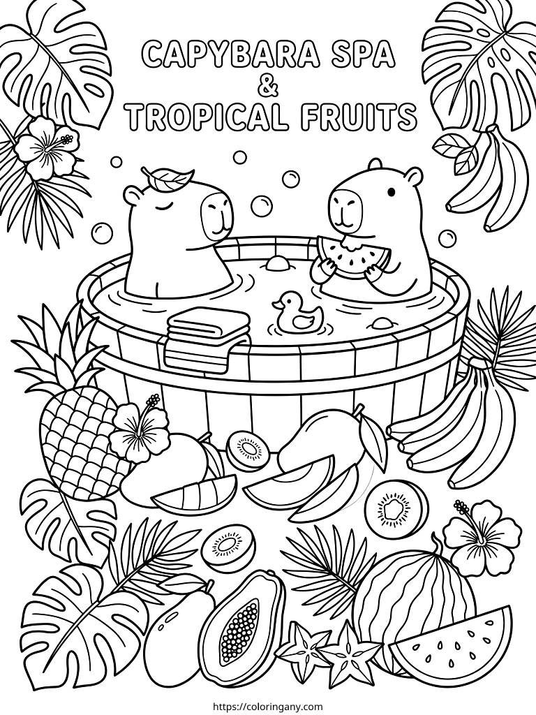 Capybara Spa & Tropical Fruit Scenes Coloring Page