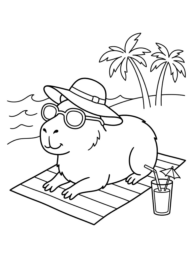 Capybara Summer Chill Lifestyle Coloring Page