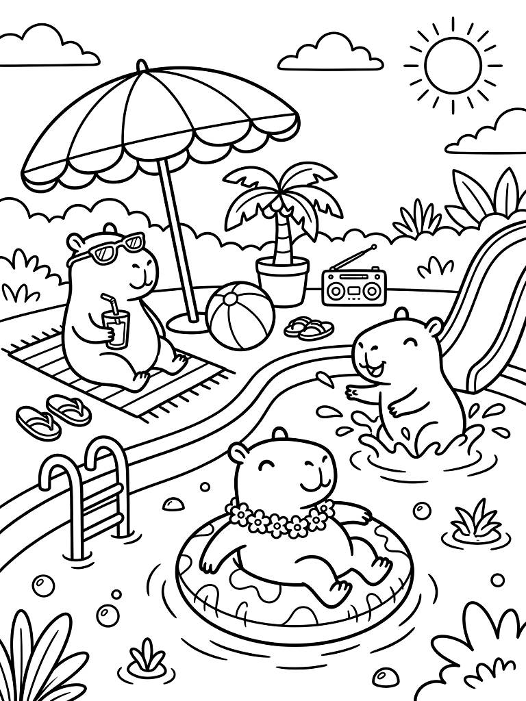 Capybara Summer Pool Party Coloring Page
