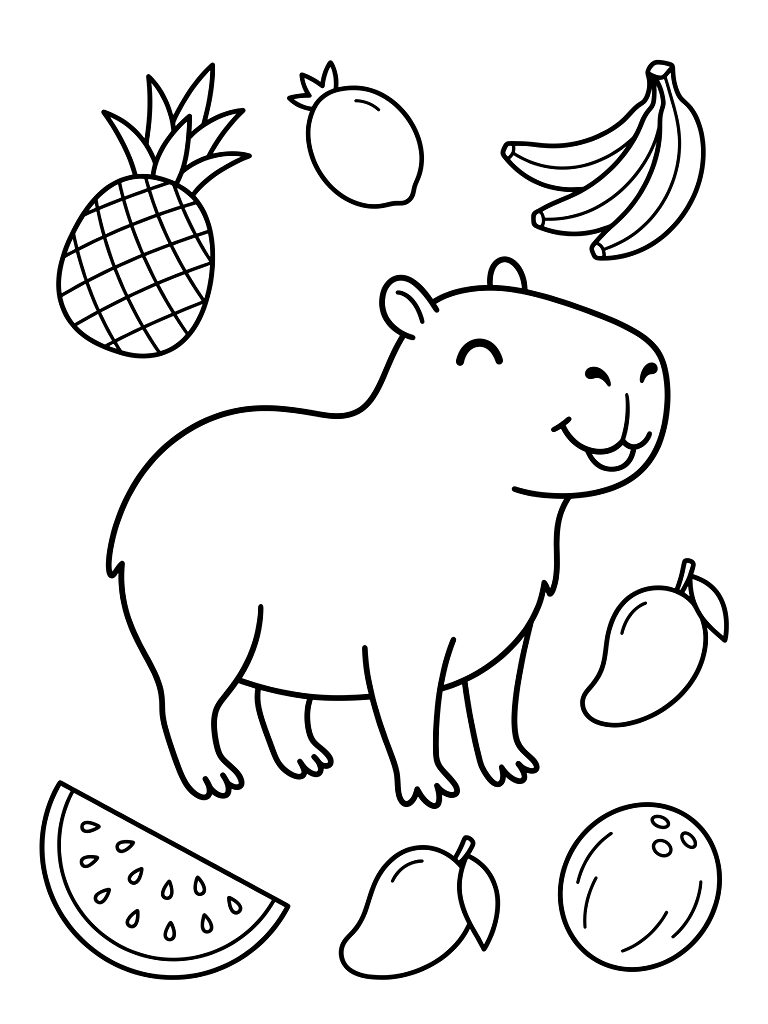 Capybara & Tropical Fruits coloring page — free printable for kids and adults