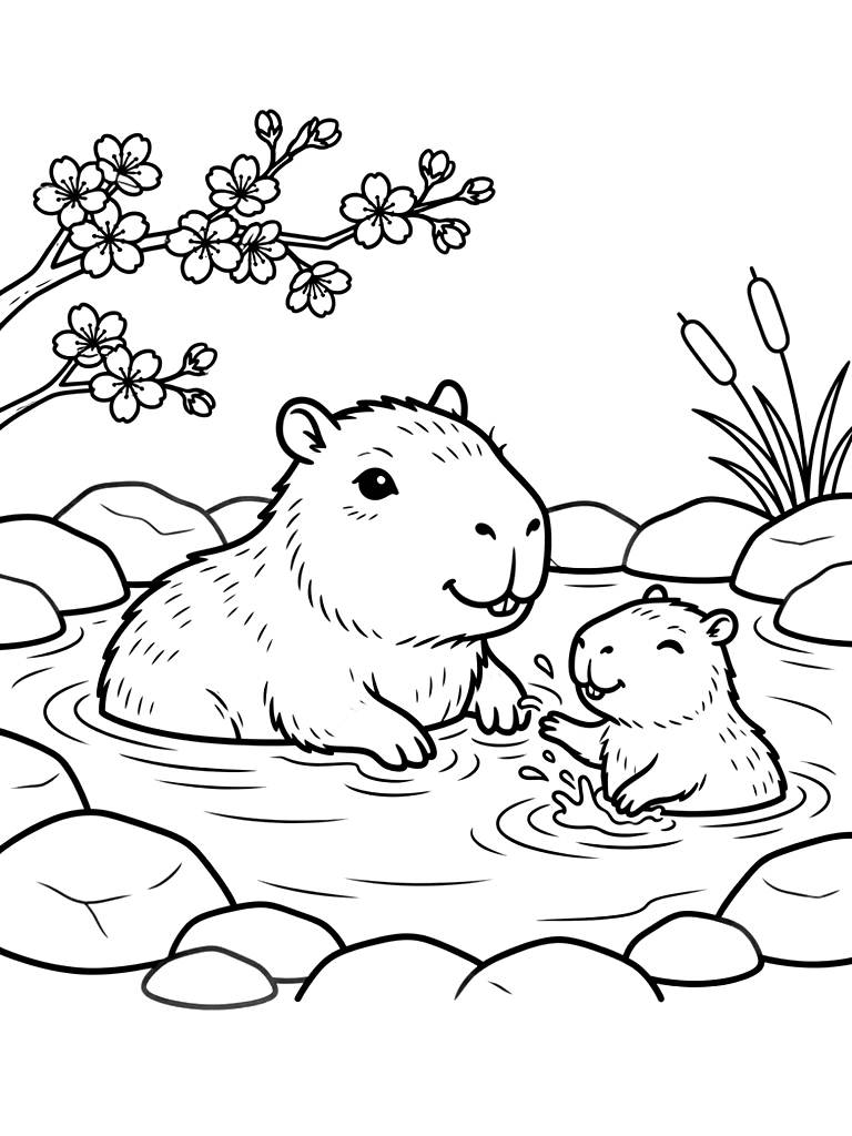 Capybaras In Spring Hot Springs coloring page — free printable for kids and adults