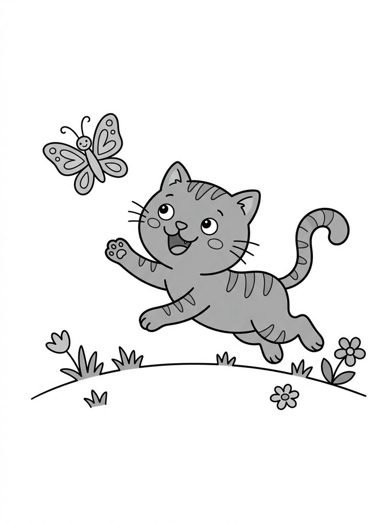 Cartoon Cat With Big Smile, Chasing A Butterfly In Garden Coloring Page