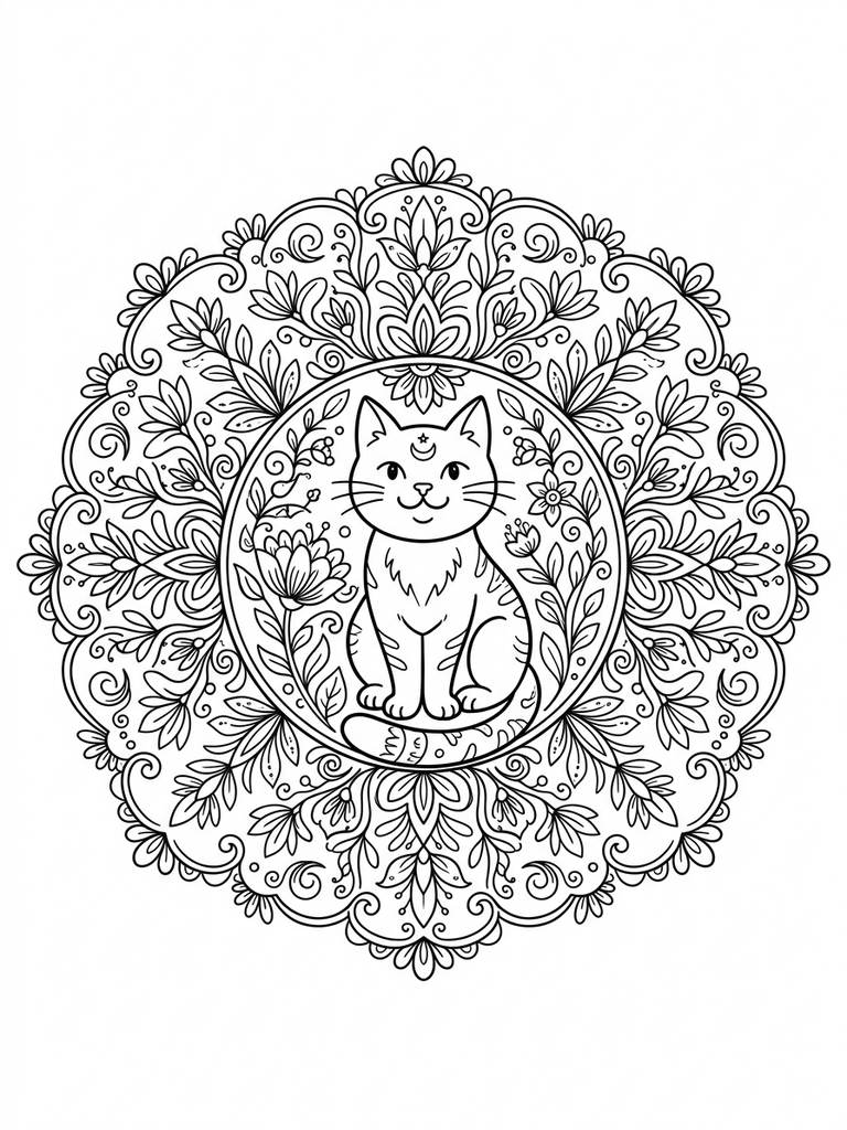 Cat Mandala, Intricate Floral Pattern Surrounding A Sitting Cat Coloring Page