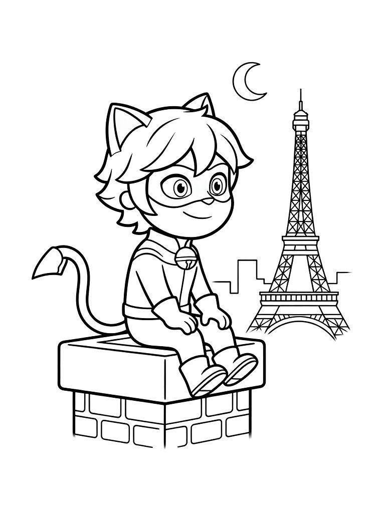 Cat Noir Sitting On A Paris Chimney Stack Looking Out At The Eiffel Tower At Night With A Crescent Moon Coloring Page