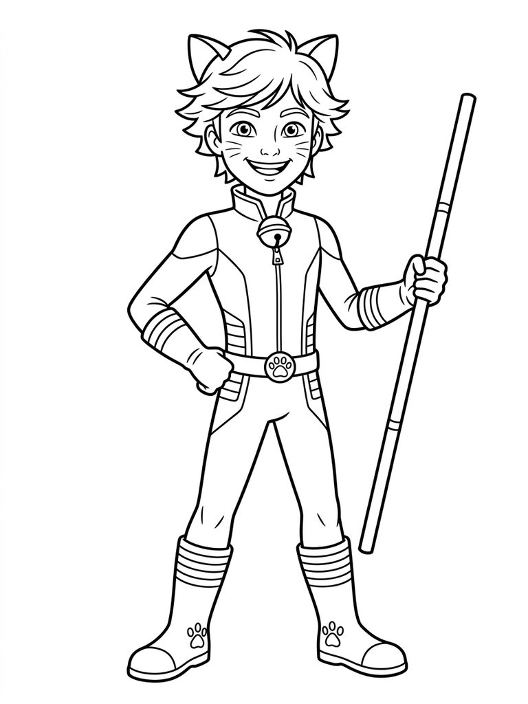 Cat Noir Smiling With Staff / Adrien Agreste Pose Coloring Page