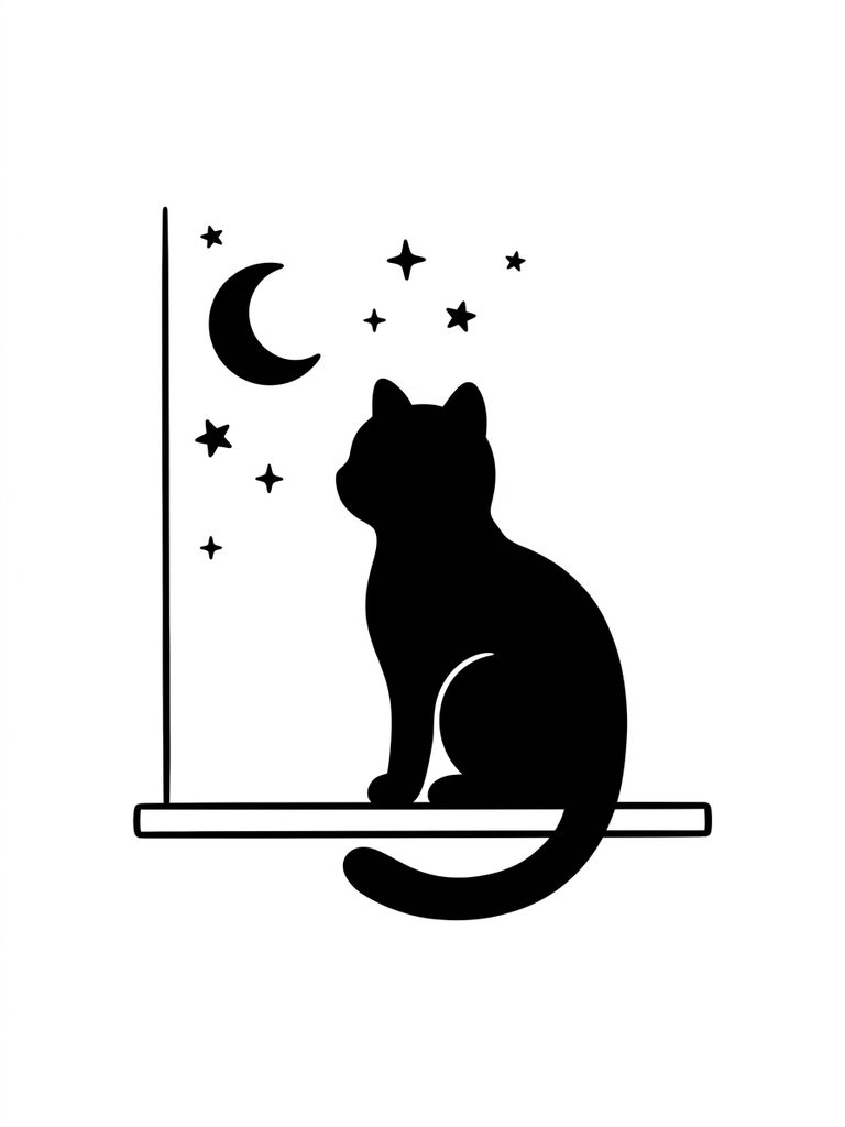 Cat Silhouette, Sitting On Windowsill Watching Moon And Stars Coloring Page