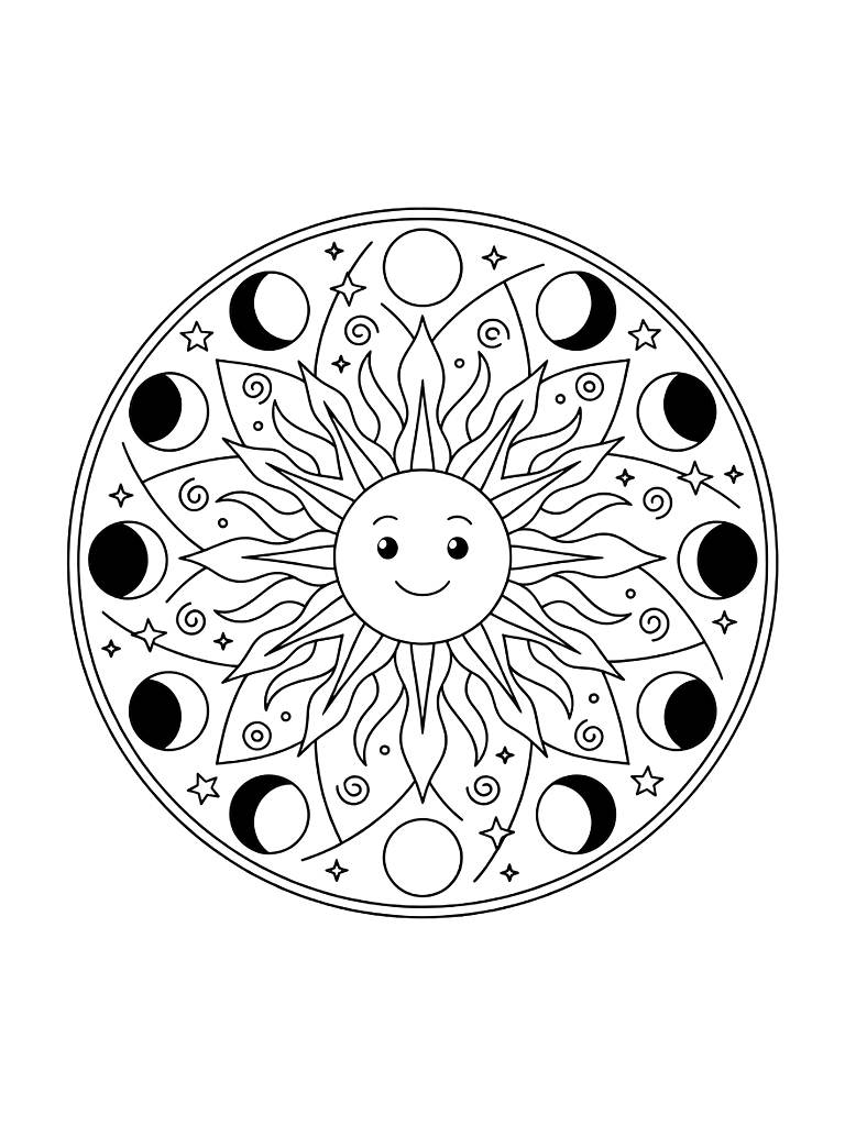 Celestial Mandala Featuring The Phases Of The Moon And A Sun Center With Radiating Flames Coloring Page — free printable for kids and adults