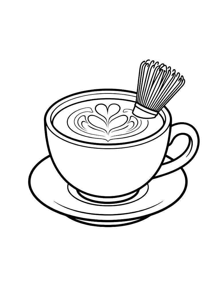 Ceramic Cup Of Matcha Latte With A Beautiful Leaf-shaped Foam Art Design And A Bamboo Whisk Coloring Page