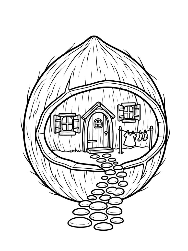 Charming Fairy Cottage Built Inside A Hollowed-out Coconut Shell With Small Wooden Shuttered Windows coloring page — free printable for kids and adults