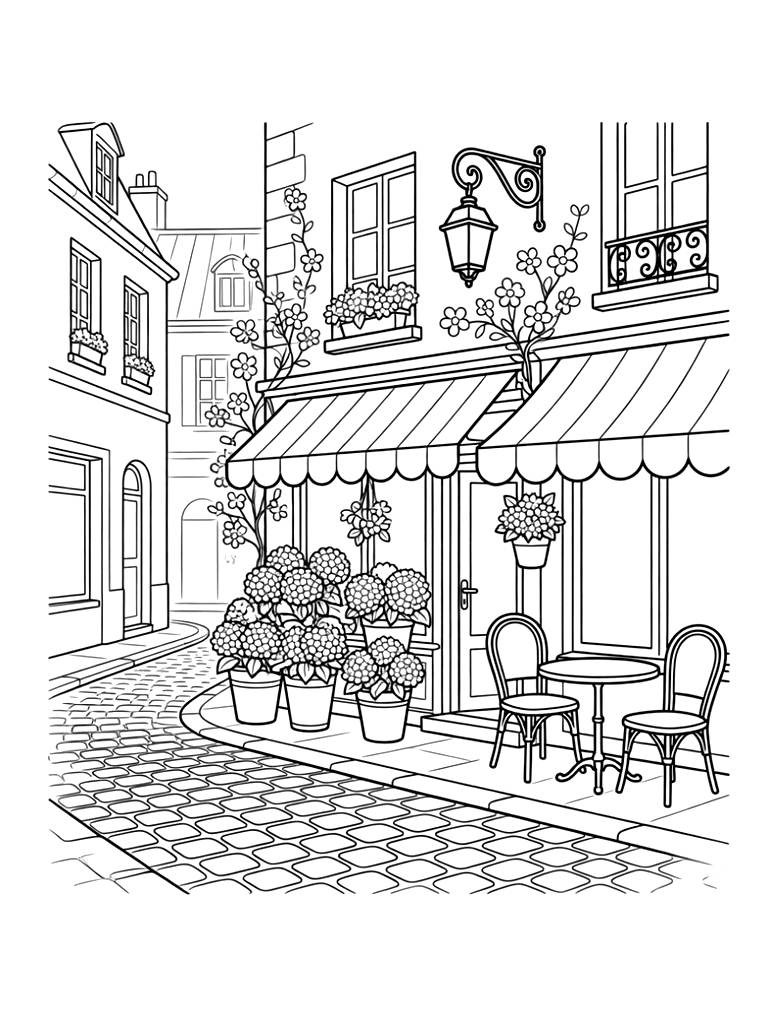 Charming Parisian Street In Spring Featuring A Small Florist Shop With Outdoor Buckets Of Hydrangeas And A Cozy Cafe Awning Nearby coloring page — free printable for kids and adults
