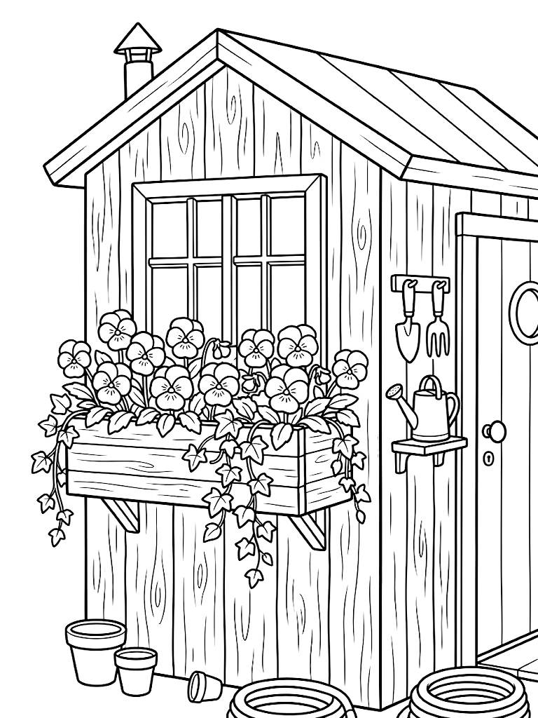 Charming Rustic Window Box Attached To A Wooden Potting Shed Overflowing With Cheerful Blooming Pansies And Trailing Ivy coloring page — free printable for kids and adults