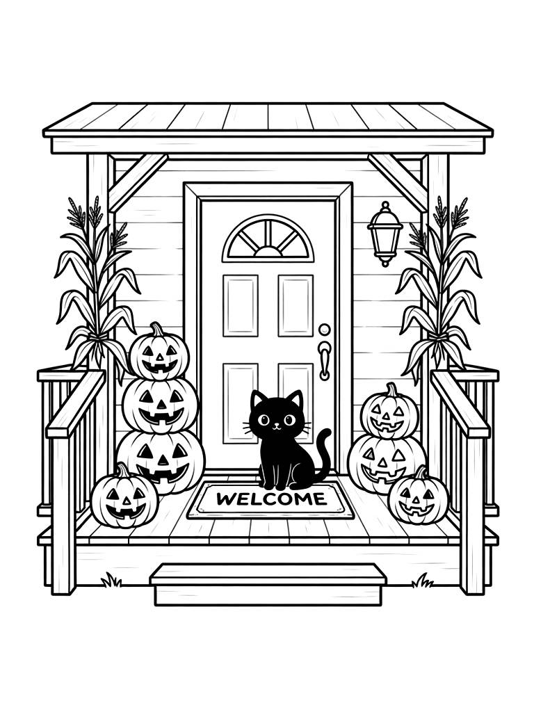 Charming Vintage Halloween Front Porch Decorated With Stacks Of Carved Pumpkins Coloring Page