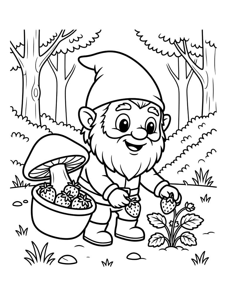 Cheerful Garden Gnome Harvesting Tiny Red Strawberries In A Forest Clearing Using A Hollowed-out Mushroom Cap As A Basket coloring page — free printable for kids and adults