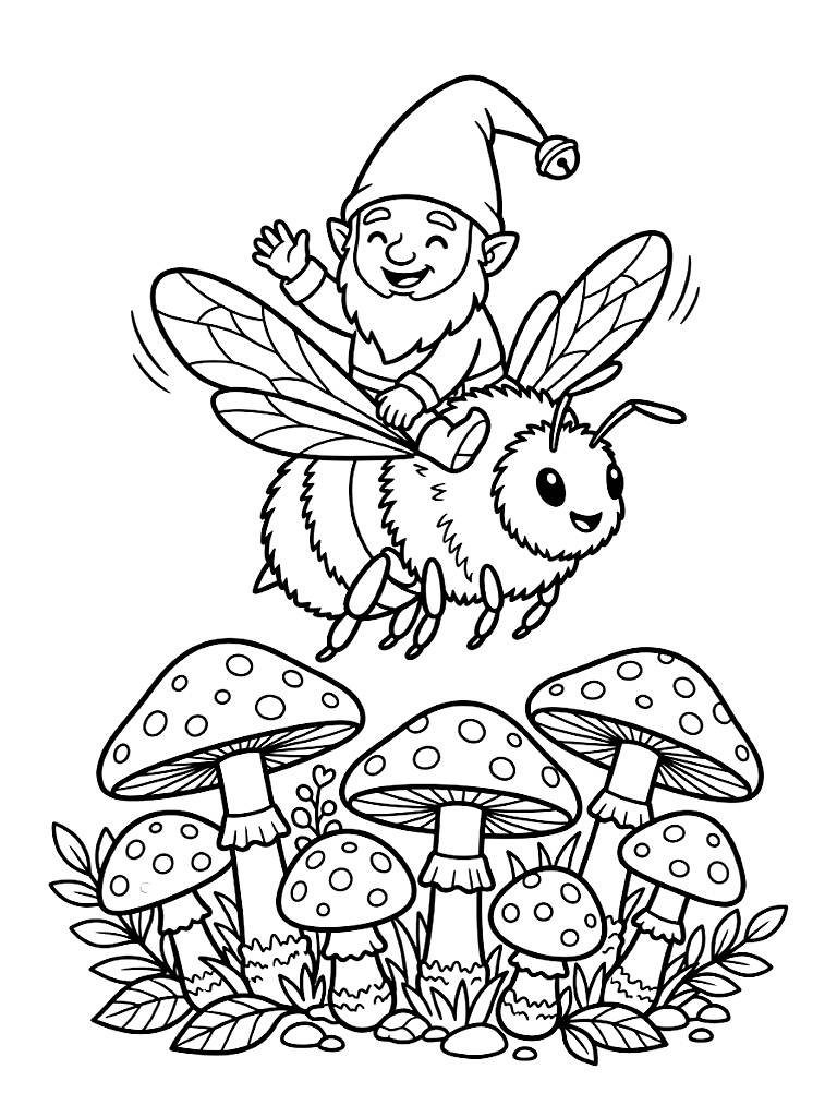 Cheerful Garden Gnome Riding On The Back Of A Fluffy Bumblebee Flying Over A Cluster Of Bright Spotted Toadstools Coloring Page