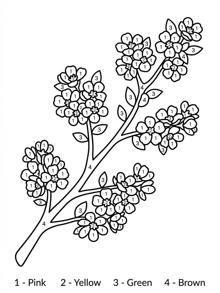 Cherry Blossom Color By Number Coloring Page