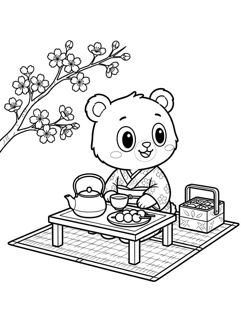 Cherry Blossom Picnic & Japanese Tea coloring page — free printable for kids and adults