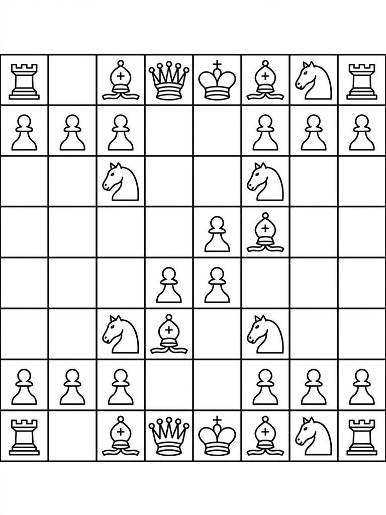 Chess Board With Pieces In Play Coloring Page