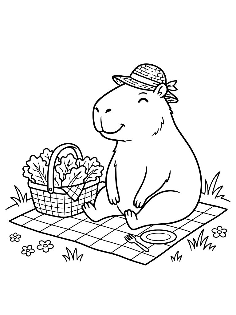 Chill Capybara Wearing A Tiny Woven Sun Hat Enjoying A Spring Picnic Next To A Basket Overflowing With Fresh Lettuce coloring page — free printable for kids and adults
