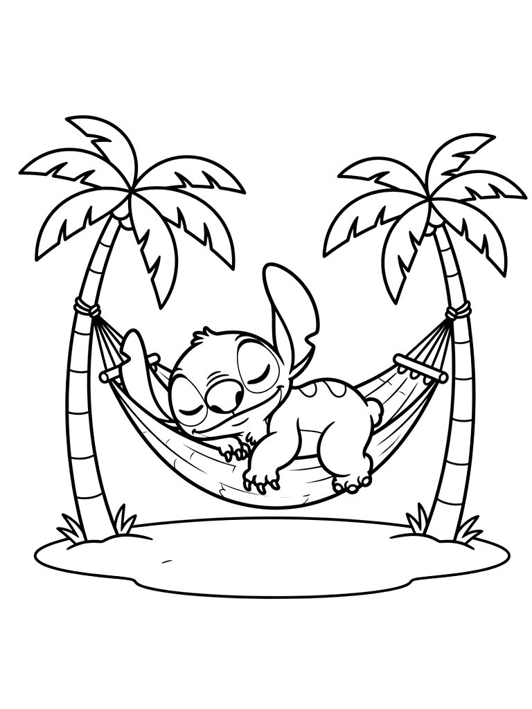 Chubby Alien Stitch Sleeping Peacefully In A Soft Hammock Strung Between Two Palm Trees On A Gentle Tropical Beach At Sunset coloring page — free printable for kids and adults