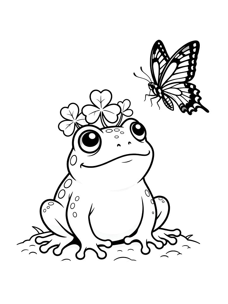 Chubby Rain Frog Wearing A Crown Of Clover Watching A Yellow Swallowtail Butterfly Coloring Page — free printable for kids and adults