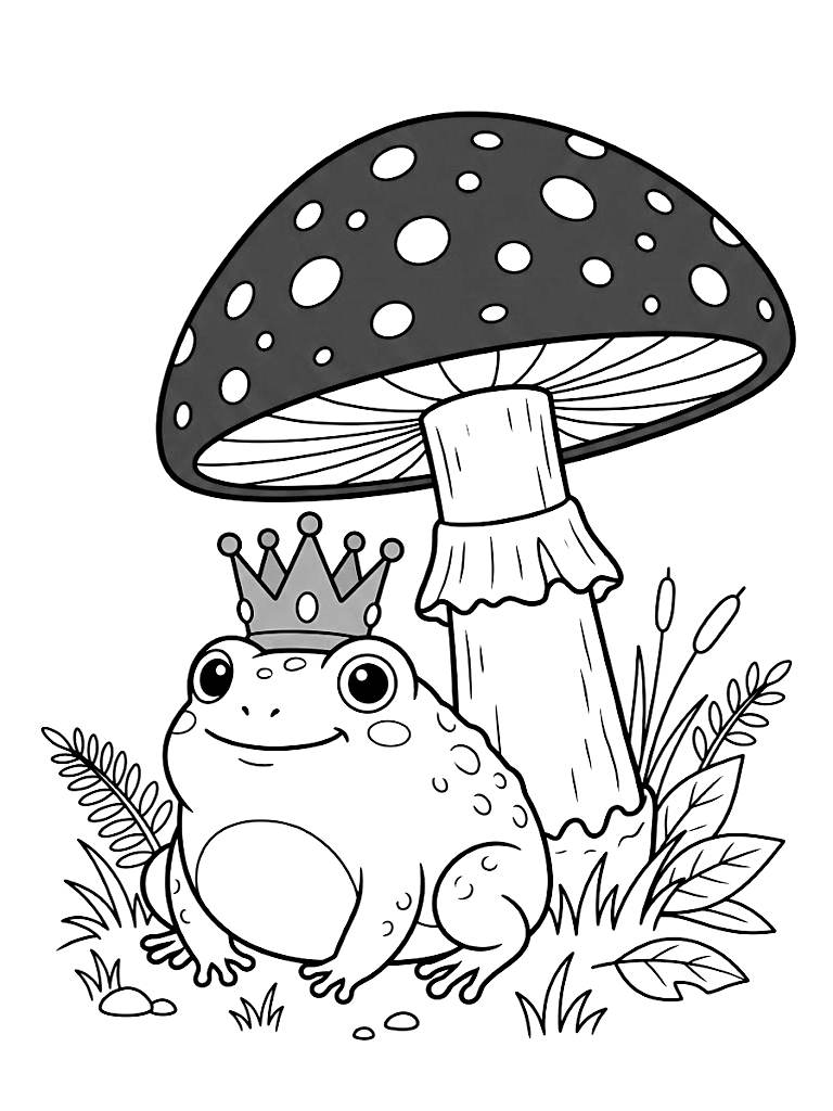 Chubby Rain Frog Wearing A Golden Crown Sitting Beneath The Vibrant Red Cap Of A Giant Amanita Muscaria Mushroom coloring page — free printable for kids and adults