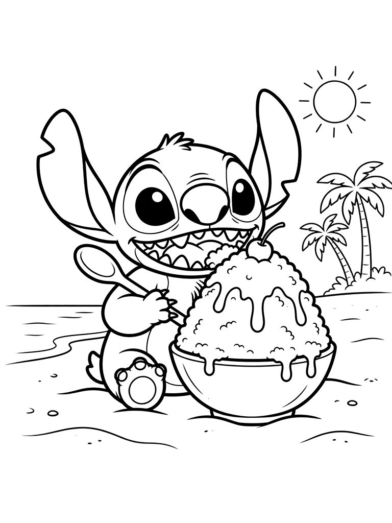 Chubby Stitch Happily Eating A Massive Towering Bowl Of Hawaiian Shaved Ice With A Wooden Spoon On A Sunny Beach coloring page — free printable for kids and adults