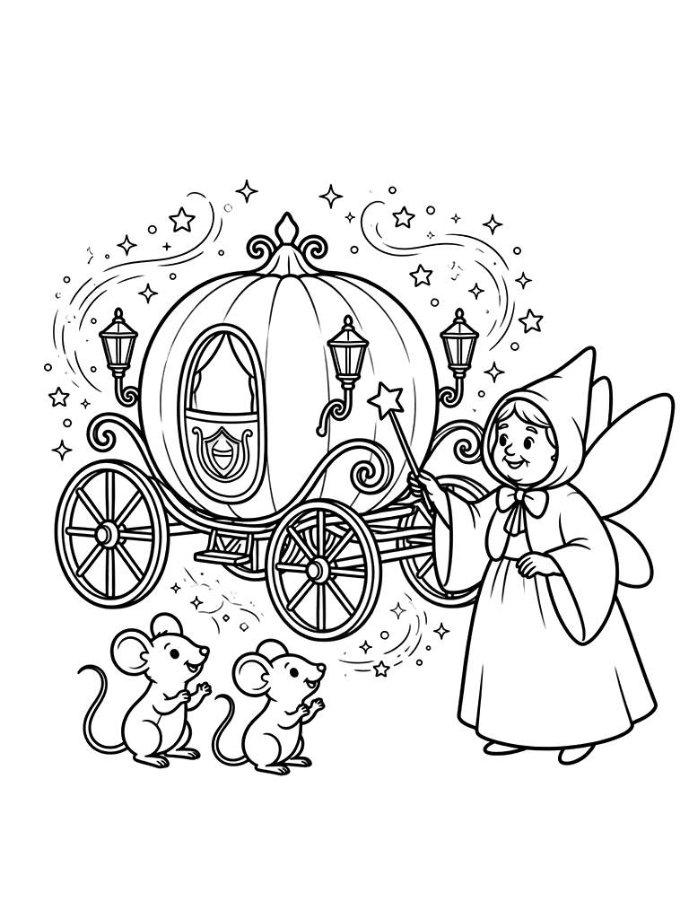Cinderella's Pumpkin Carriage Being Transformed By The Fairy Godmother With Magical Sparkles And Mice Coloring Page