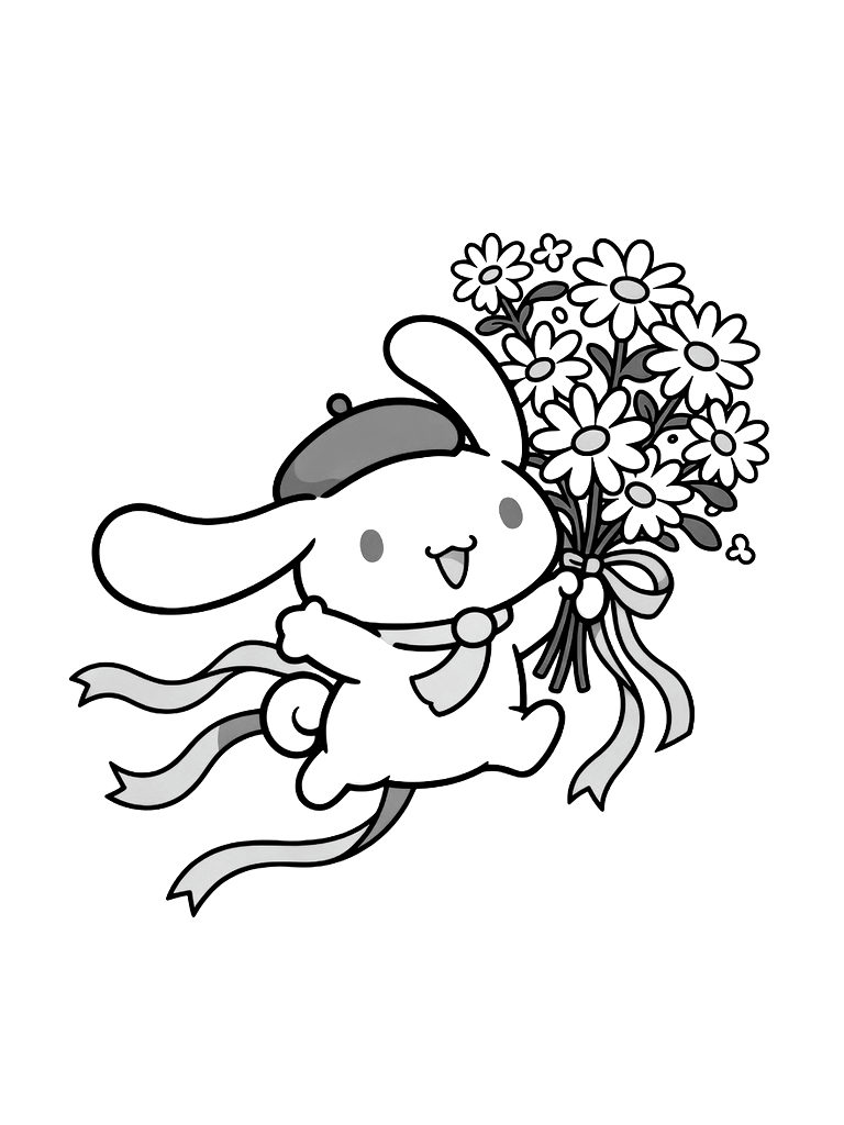 Cinnamoroll Flying With A Bouquet Of Spring Daisies And Blue Ribbons Coloring Page — free printable for kids and adults