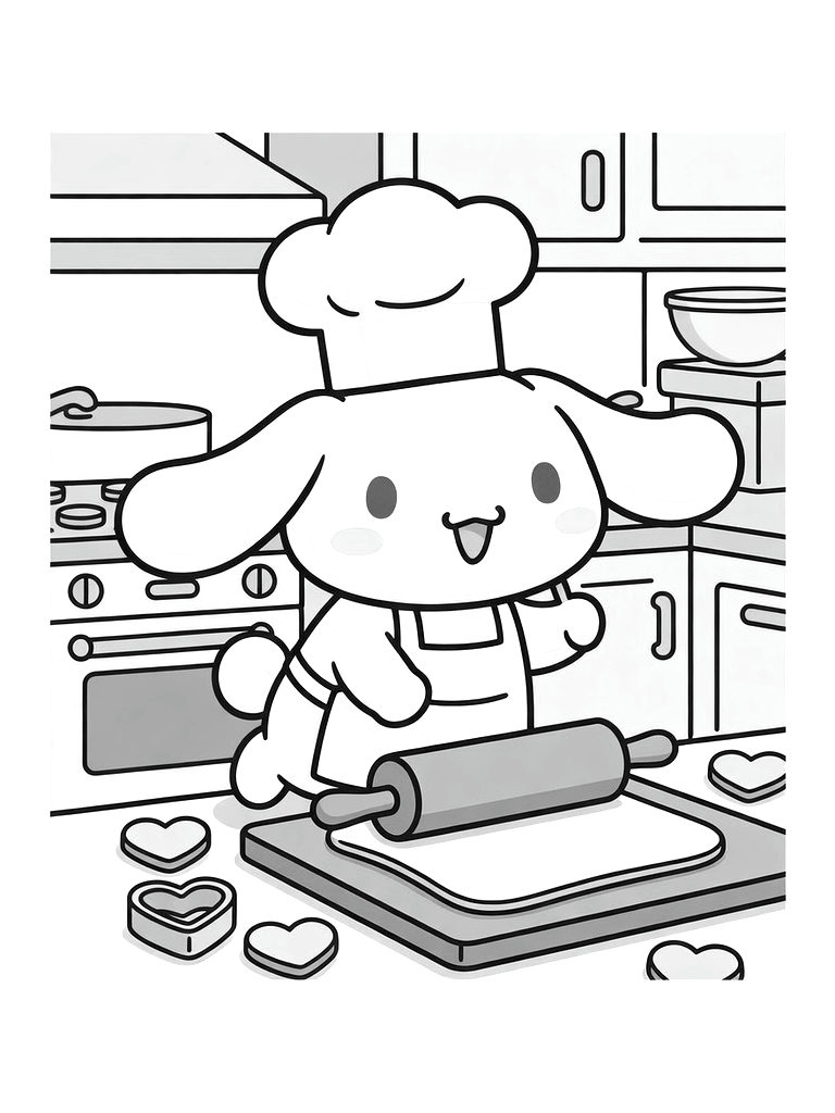 Cinnamoroll Wearing A Chef's Hat And Apron While Rolling Out Dough For Heart-shaped Cookies In A Pastel Kitchen Coloring Page