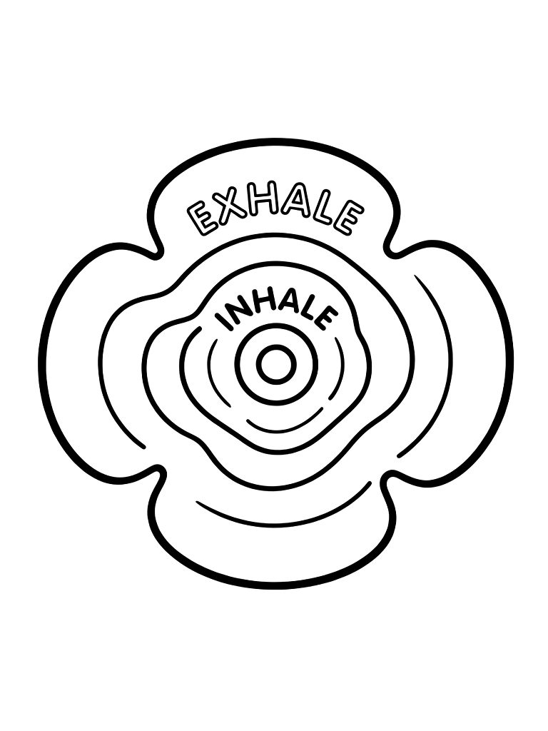 Circular Breathing Guide With An Expanding And Contracting Flower Shape And Inhale And Exhale Prompts coloring page — free printable for kids and adults