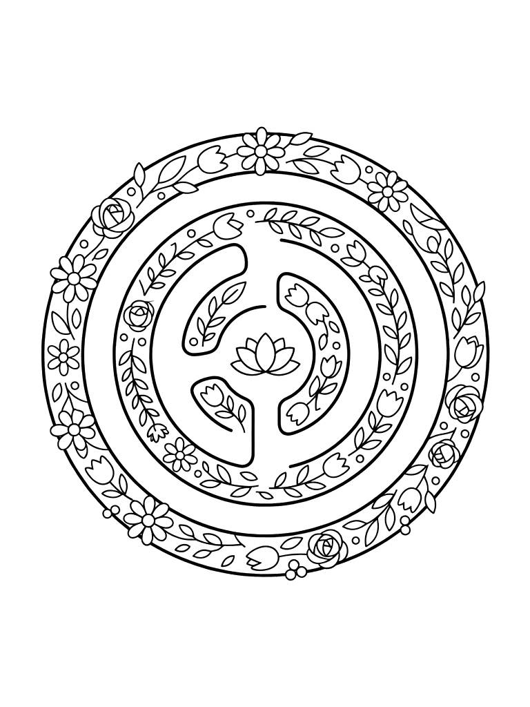 Circular Finger Labyrinth Made Of Soft Floral Patterns To Follow For Mindful Breathing And Relaxation coloring page — free printable for kids and adults