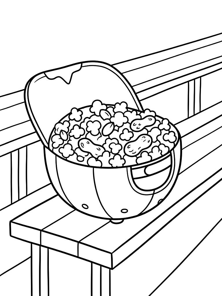 Classic Baseball Cap Turned Upside Down And Overflowing With Peanuts And Popcorn Resting On Stadium Bleachers coloring page — free printable for kids and adults
