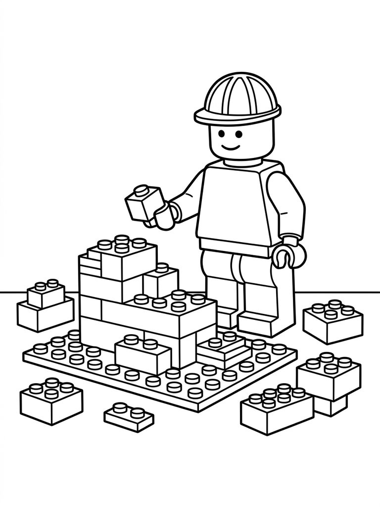 Classic LEGO Bricks And Minifigure Building Scene Coloring Page