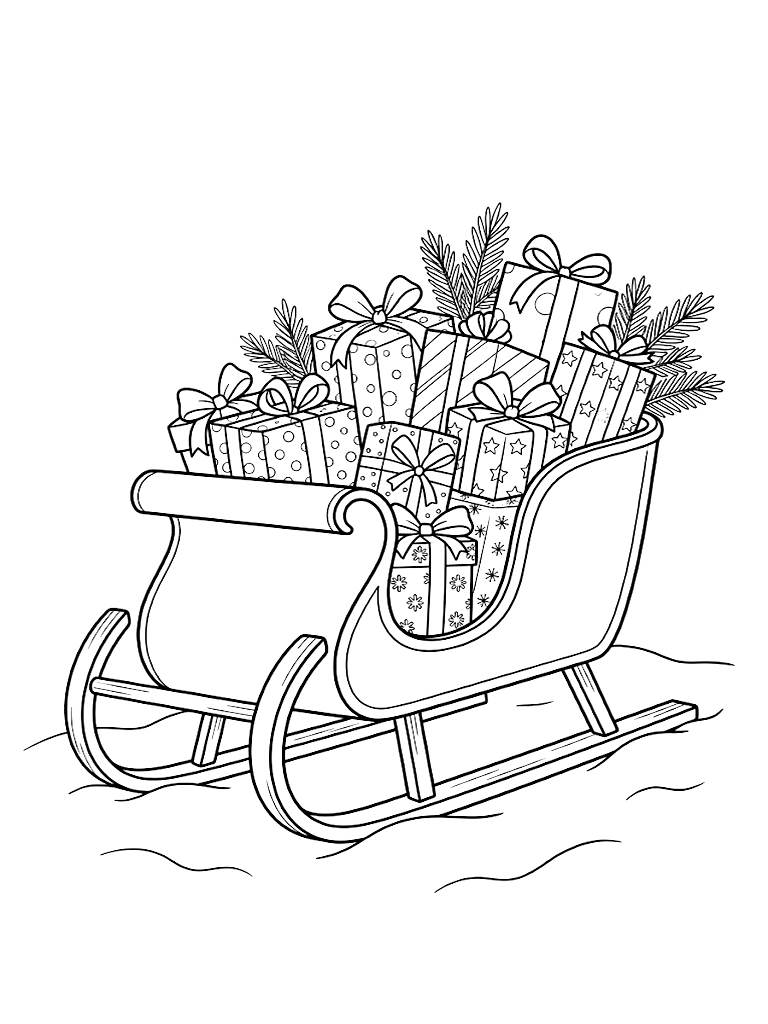 Classic Vintage Red Metal Sleigh Parked In The Snow Overflowing With Beautifully Wrapped Presents And Pine Boughs Coloring Page