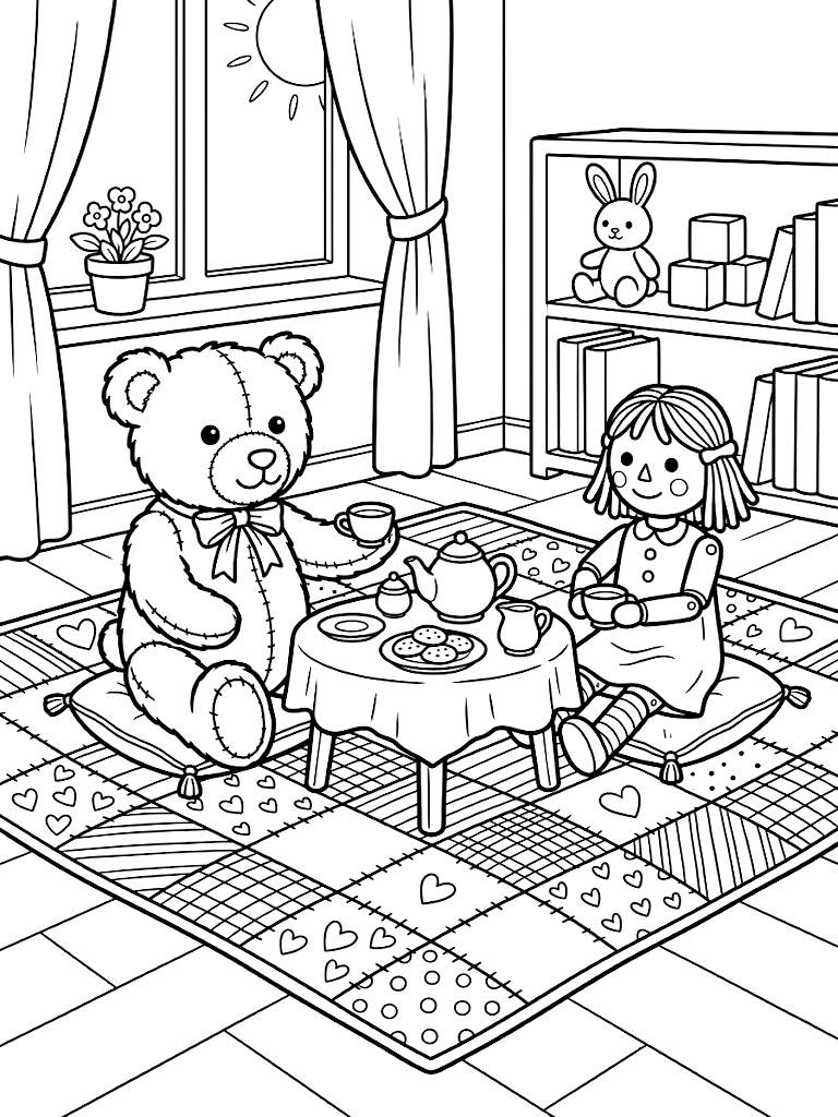 Classic Vintage Teddy Bear Hosting A Pretend Tea Party For A Wooden Doll On A Patchwork Quilt Inside A Sunny Nursery Coloring Page
