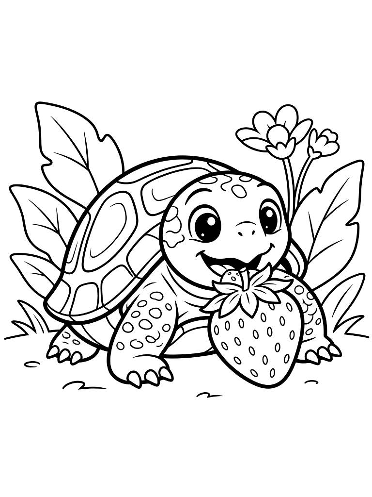 Close-up Of A Box Turtle Eating A Juicy Red Strawberry In A Garden With Green Leaves Coloring Page