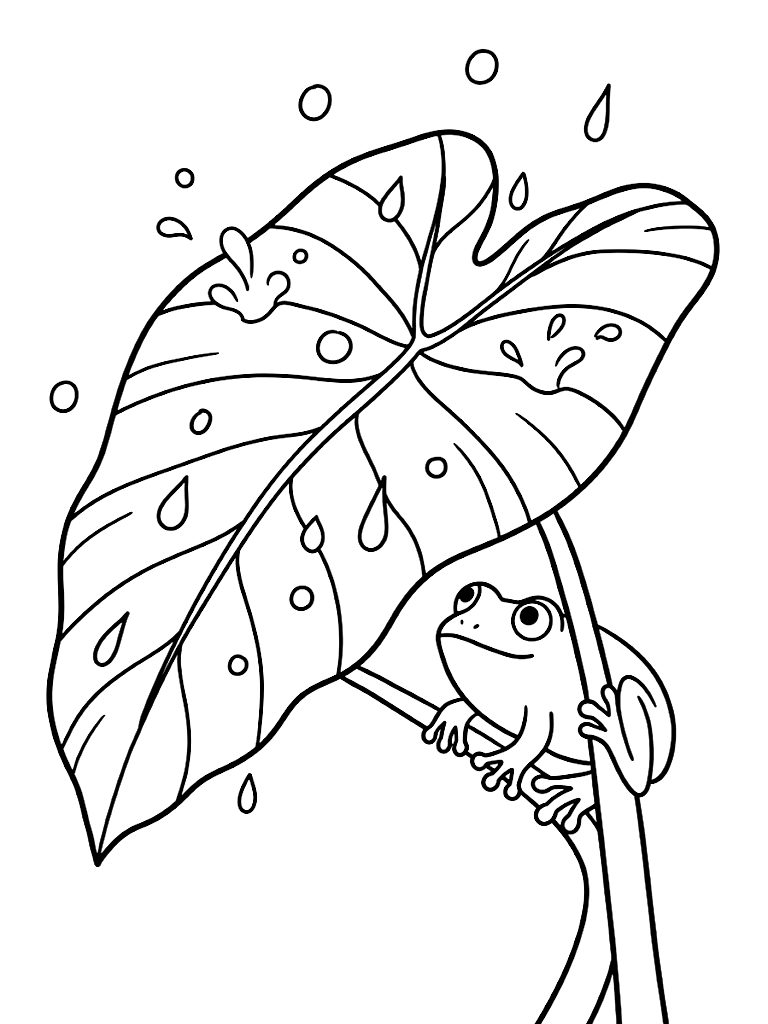 Close-Up Of A Giant Elephant Ear Tropical Leaf Catching Large Rain Drops While A Tiny Green Tree Frog Shelters Underneath coloring page — free printable for kids and adults