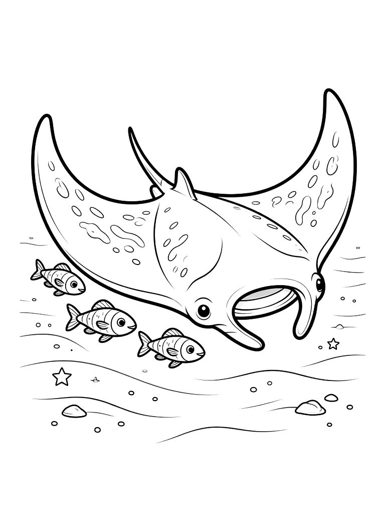 Close-up Of A Majestic Manta Ray Gliding Over A Sandy Sea Floor With Small Pilot Fish Coloring Page