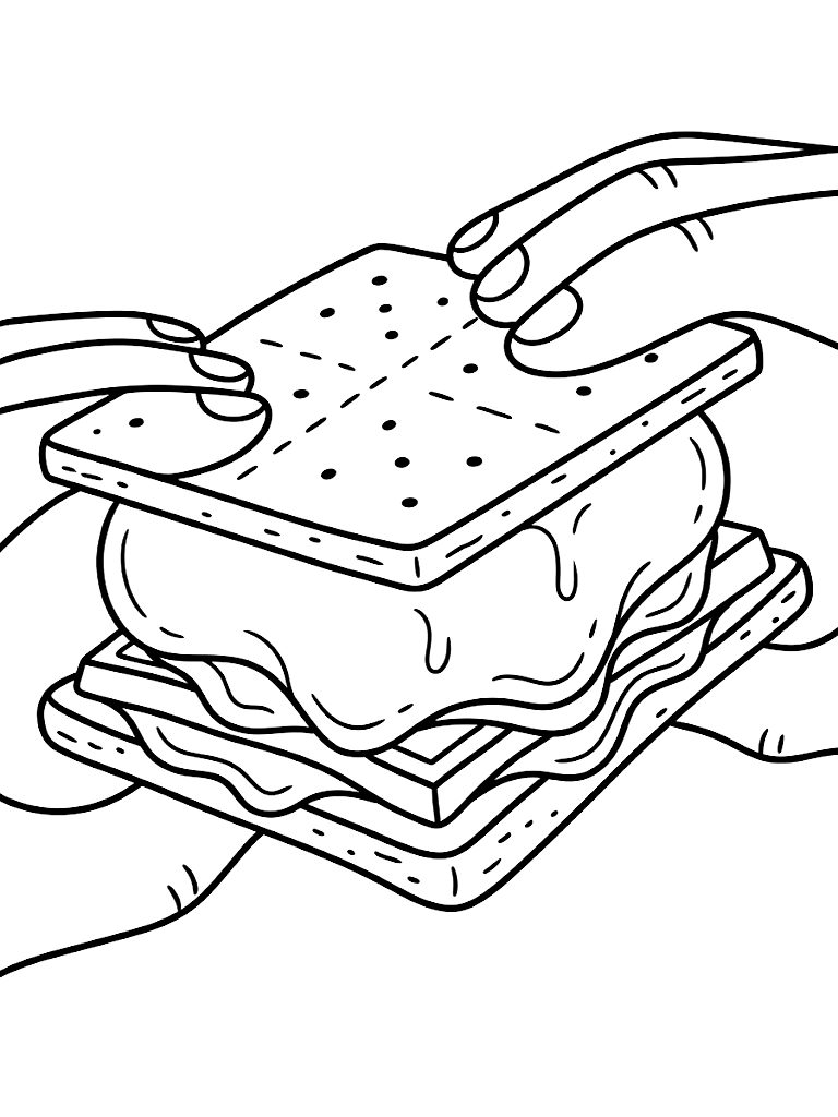 Close-Up Of A Perfectly Toasted Gooey Marshmallow And Melting Chocolate Bar Being Squeezed Between Two Graham Crackers Coloring Page