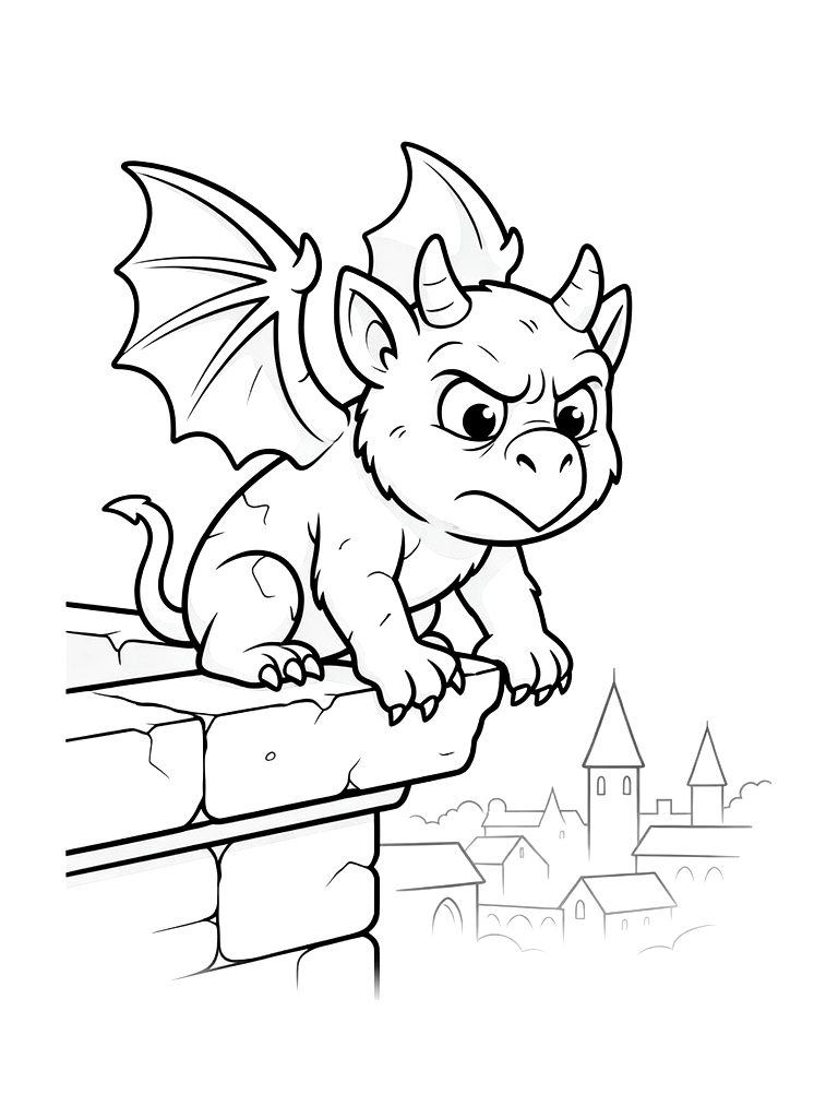 Close-up Of A Weathered Stone Gargoyle Perched On A Cathedral Ledge With A View Of A Misty Medieval City Below Coloring Page