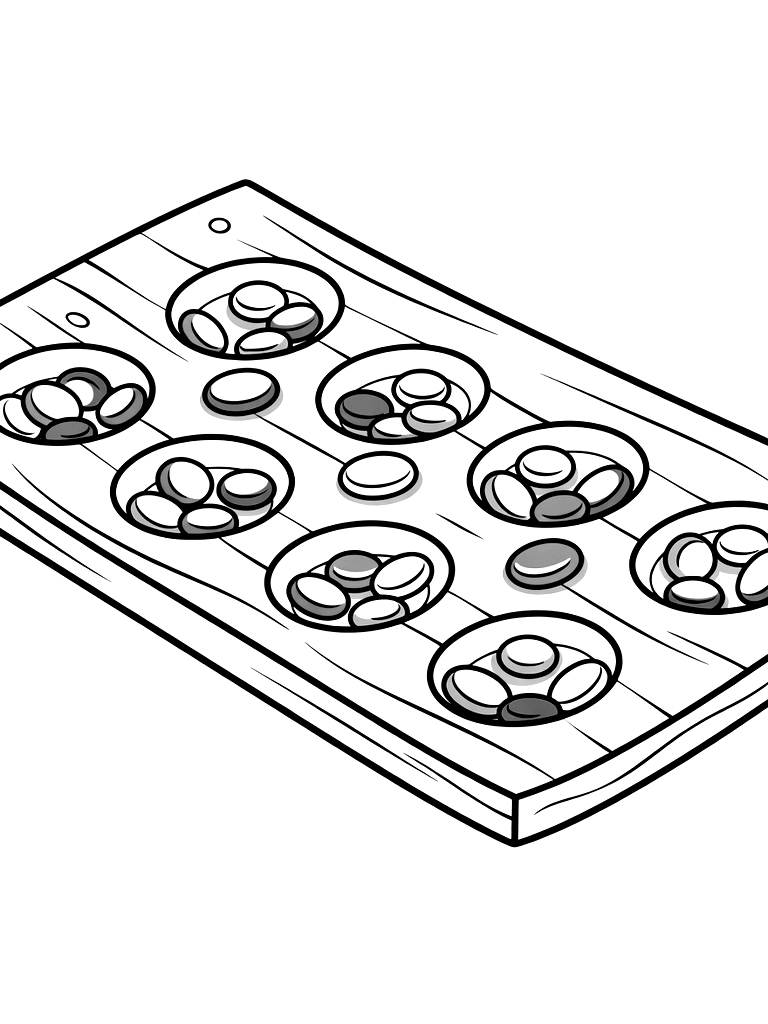 Close-up Of A Wooden Mancala Board With Colorful Glass Stones In The Pockets During A Game Coloring Page
