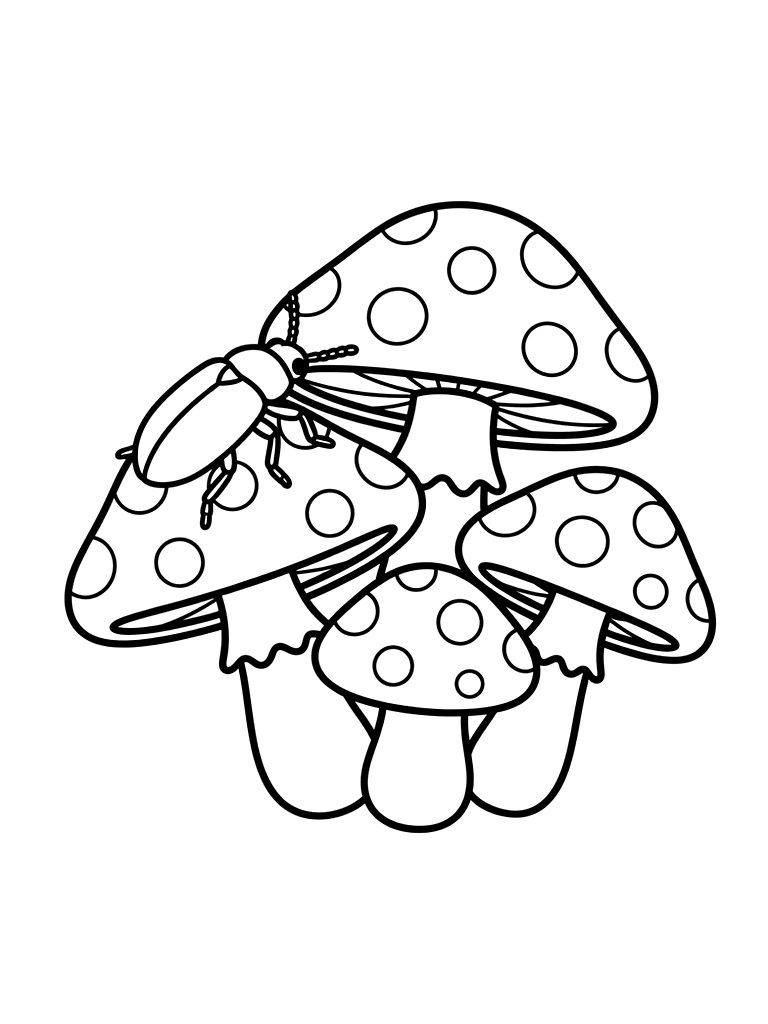 Cluster Of Amanita Mushrooms With A Shiny Jewel Beetle Crawling Over The White Spots Coloring Page