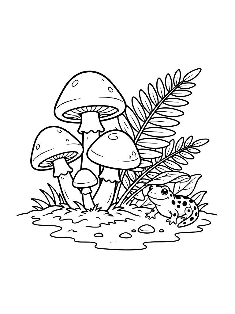 Cluster Of Blue Milk Cap Mushrooms Emerging From A Damp Forest Floor With A Small Salamander Peeking From Under A Fern Coloring Page