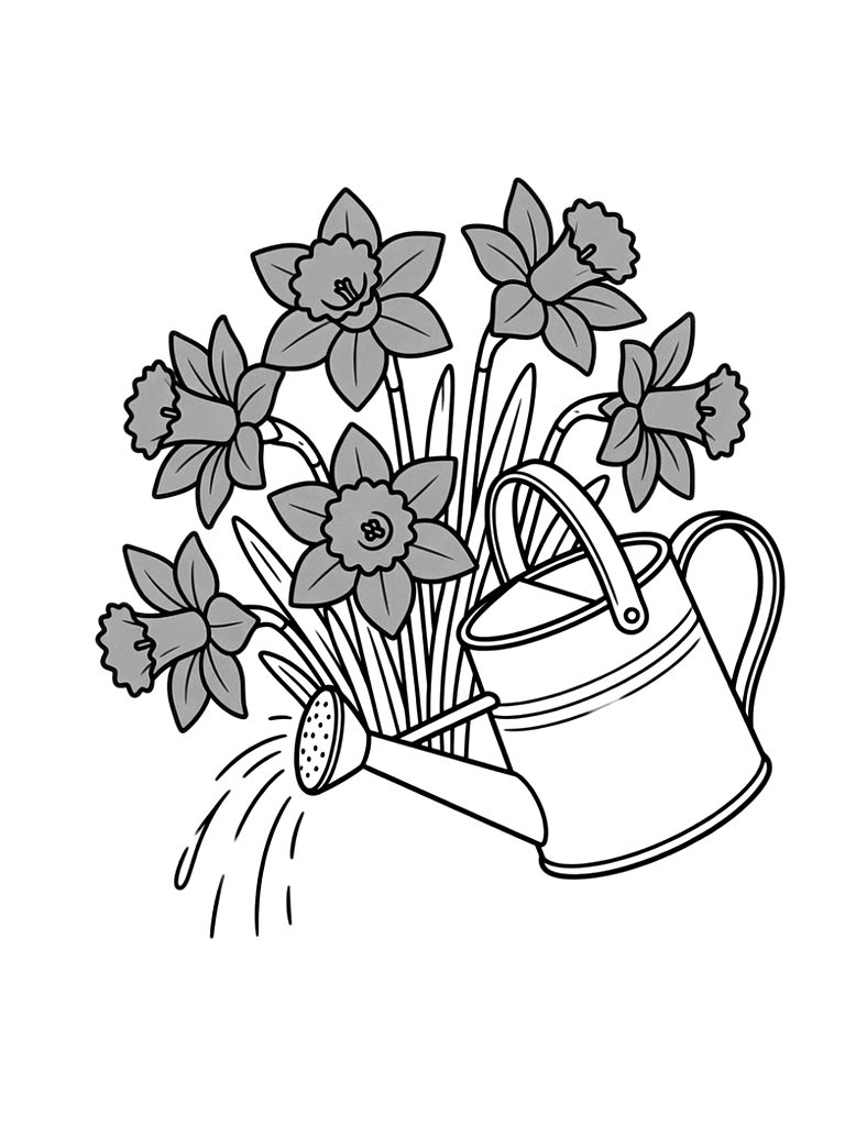 Cluster Of Bright Yellow Spring Daffodils With A Vintage Watering Can Coloring Page