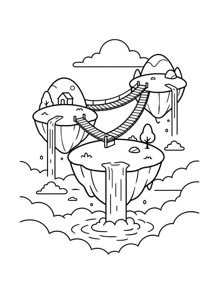 Cluster Of Floating Islands Connected By Rope Bridges With Waterfalls Spilling Into A Sea Of Clouds Coloring Page