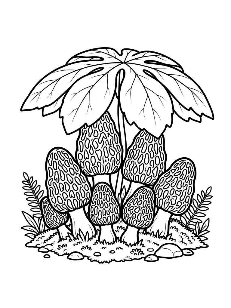 Cluster Of Morel Mushrooms Hidden Under A Large Umbrella-like Mayapple Leaf In A Damp Forest Coloring Page — free printable for kids and adults