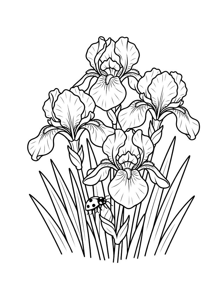 Cluster Of Purple Bearded Iris Flowers With Tall Green Blades And A Ladybug On A Petal Coloring Page